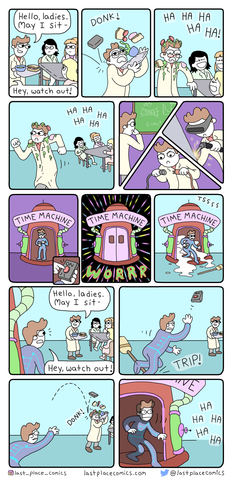 comic, webcomic, last place comics, time machine, time travel, cafeteria, spills, embarrasses, embarrassed, in front of women