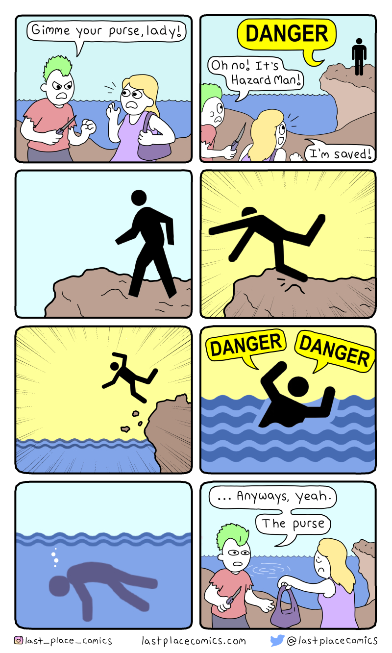 comic, webcomic, hazard sign, parody, superhero, super, hero, crime, fighter, falls off cliff, drowns, robbed, purse, dies