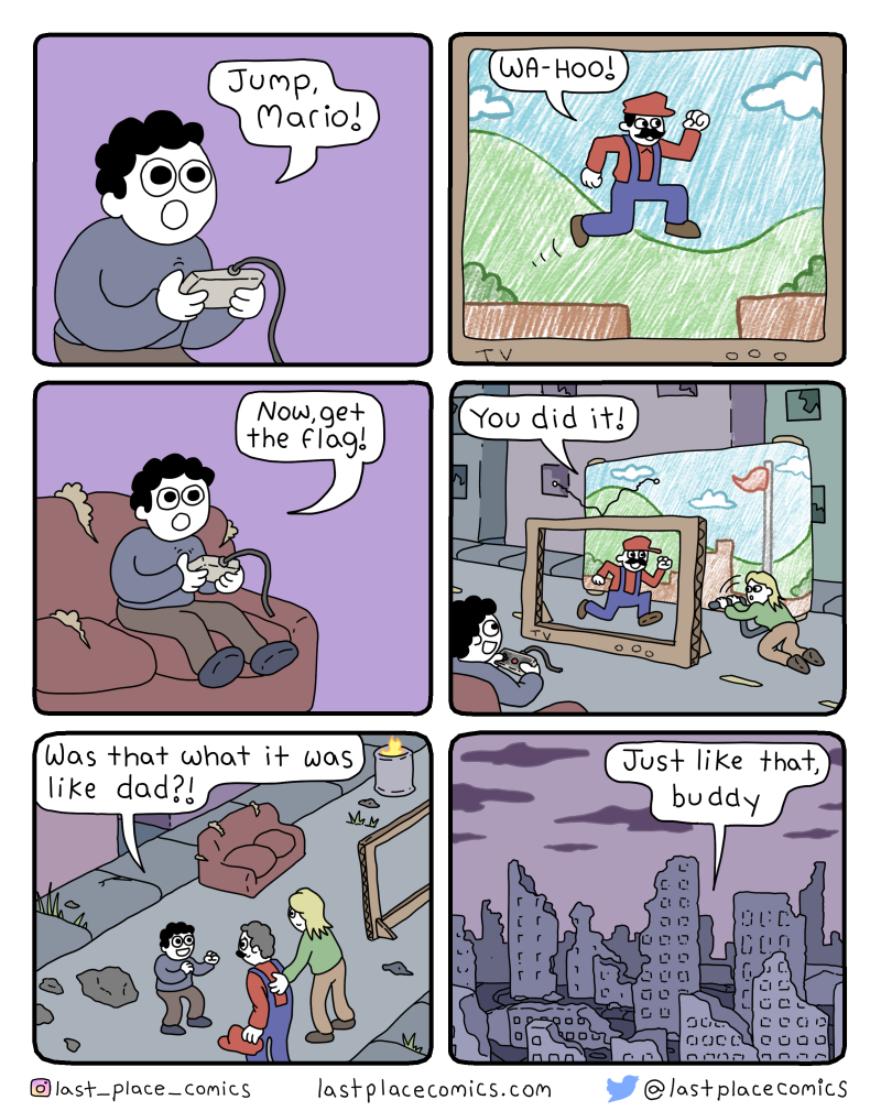 comic, webcomic, mario, sad, apocalypse, dad, mom, recreate, just like that, ruined city