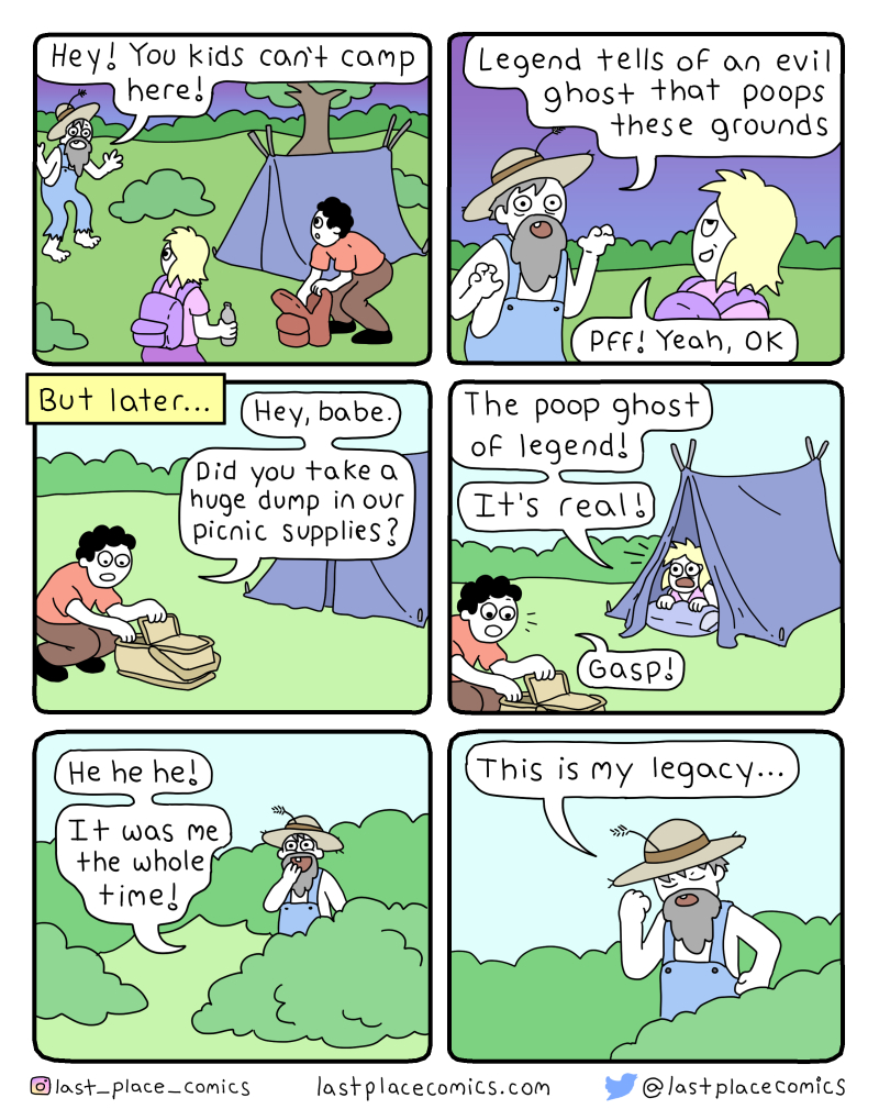 comic, webcomic, last place comics, ghost, dump, red neck, campers, haunting, picnic, straw hat, overalls, yokel, old man, tent, camp site, legacy
