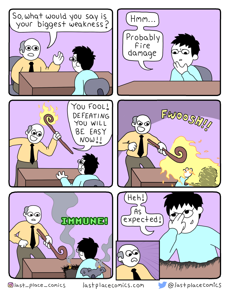 comic, webcomic, last place comics, job interview, hiring, boss, fire, mage, spell, burn, fire damage, immune, interviewing, job, silly, humor, as expected