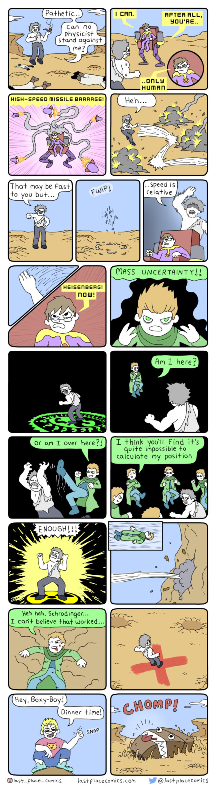 comic, webcomic, last place comics, physics, einstein, anime, battle, parody, shonen. hawking, shrodinger, heinsenberg, mass uncertainty, fight, mech, robot, naruto, dragon ball