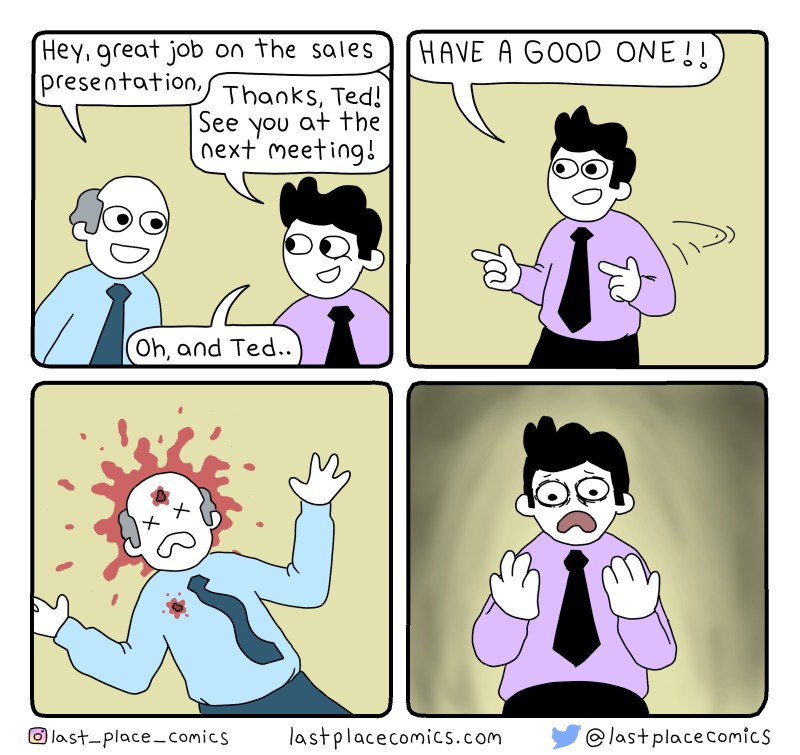 finger guns, remaster, 2023, comic, webcomic, last place comics, business men, killed, have a good one, ted, funny