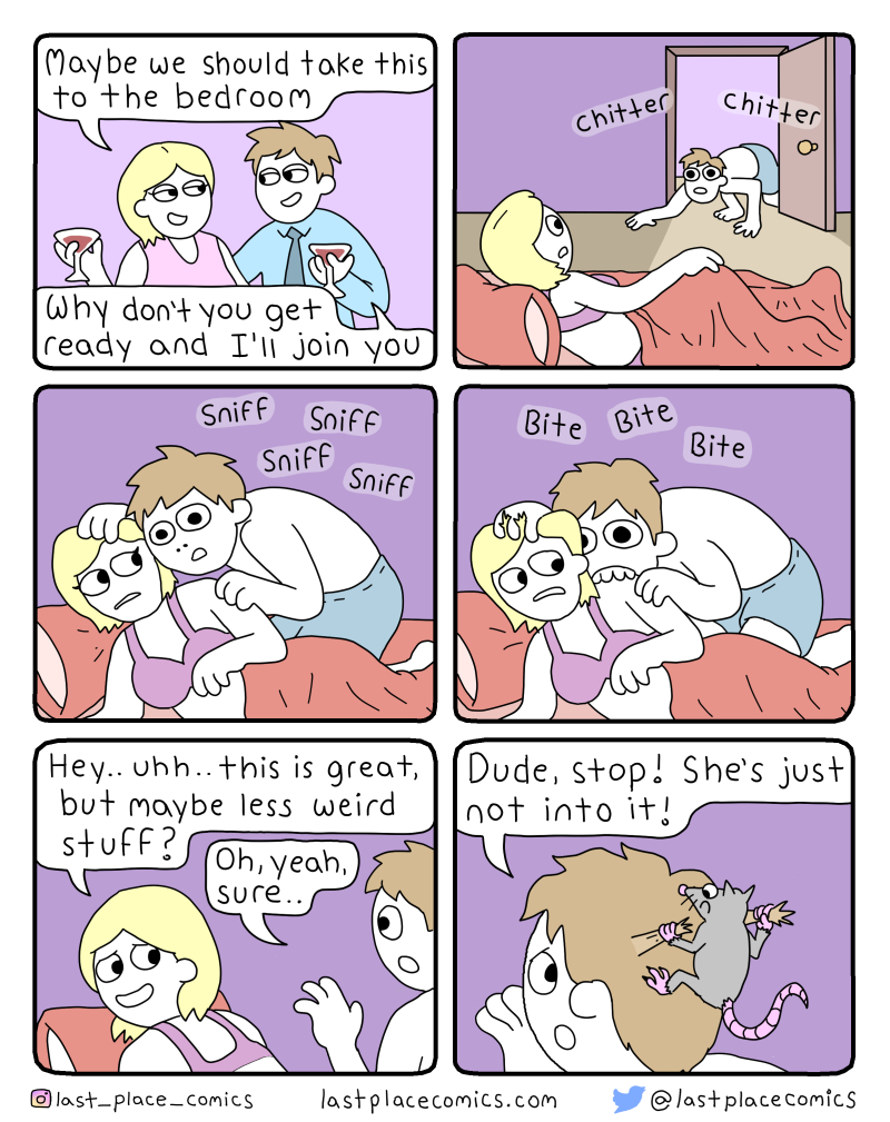 comic, webcomic, last place comics, ratatouille, parody, sex, rat, remy, controlling man, date, bed, make out, chittering, squeaking, bite, sniff