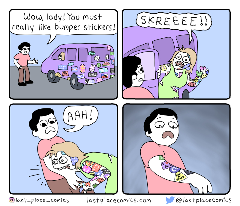 comic, webcomic, last place comics, bumper stickers, lady, infection, zombie, bitten, van, grows stickers, bites, skreee