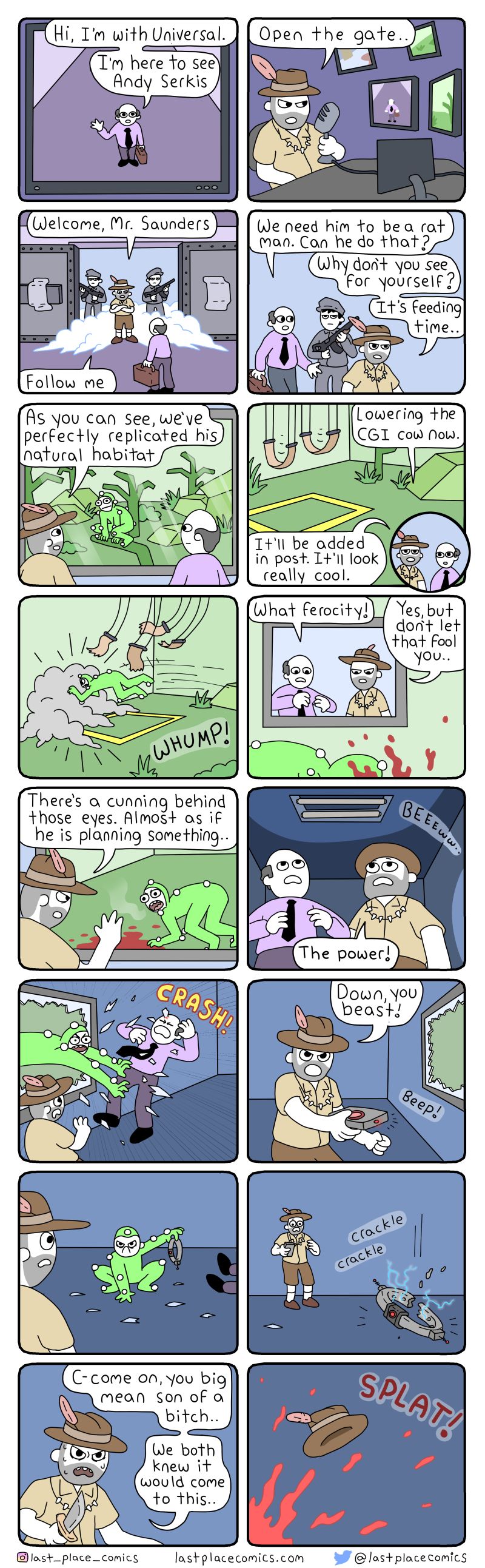 comic, webcomic, last place comics, andy serkis, lord of the rings, parody, green screen, containment, monster, green, room, handlers, hunter, breaks free