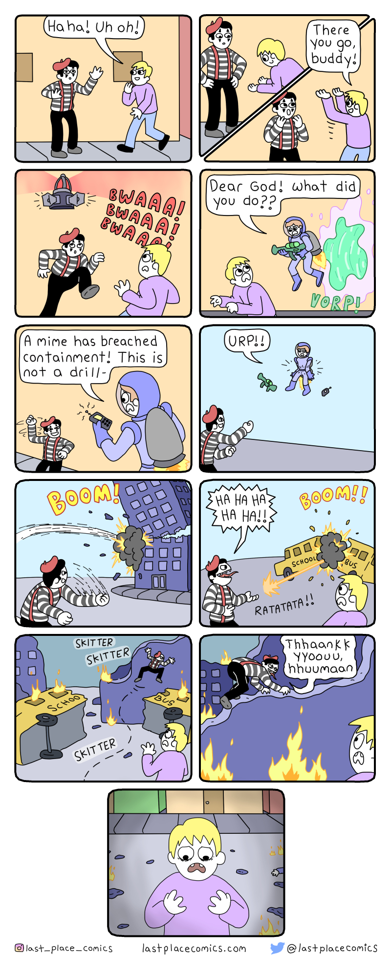 comic, webcomic, last place comics, mime, mime in a box, invisible box, containment, man, jetpack, freed, destruction, lasso, school bus, explosions, thank you human