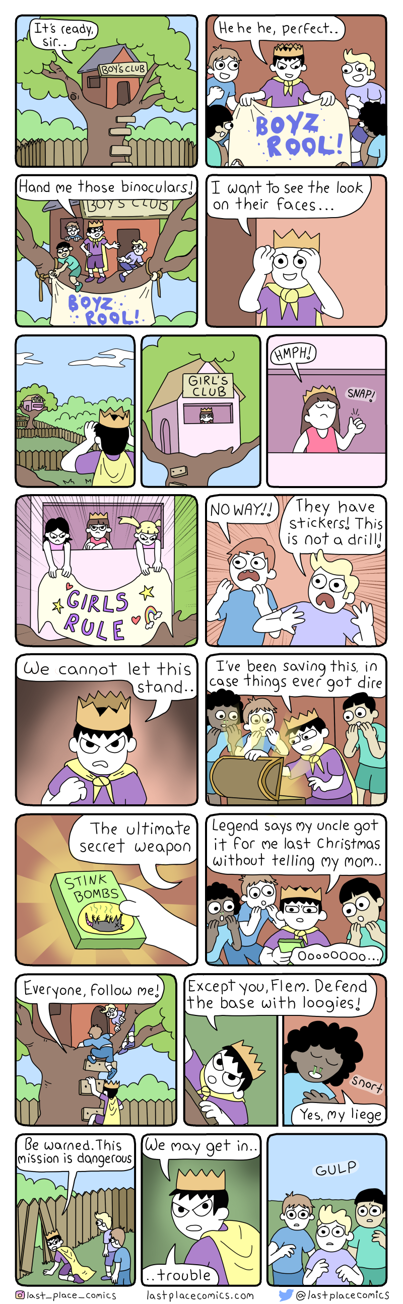 comic, webcomic, last place comic, funny, boys vs girls, treehouse, boys rule, sign, girls rule, boys rool, kids, king, silly