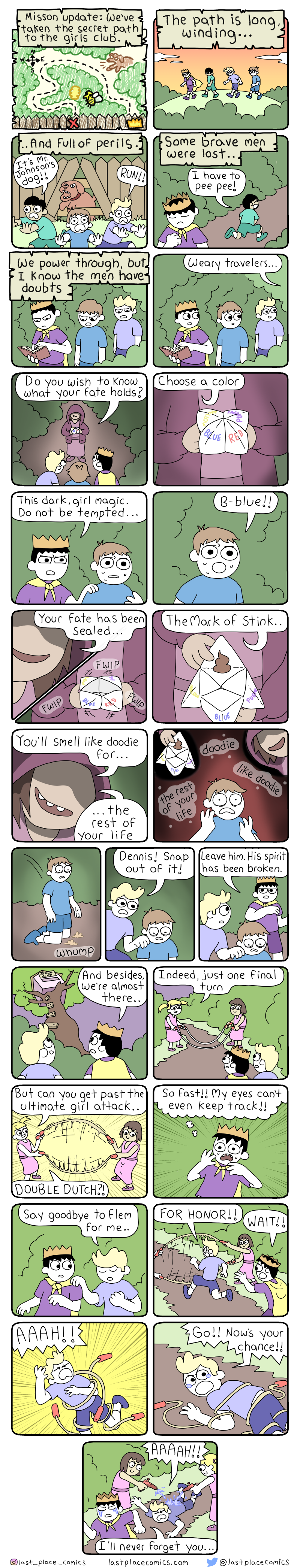 comic, webcomic, last place comics, boy's club, girl's club, funny, kids, pretend, war, fantasy, silly, cootie catcher, jump rope, king