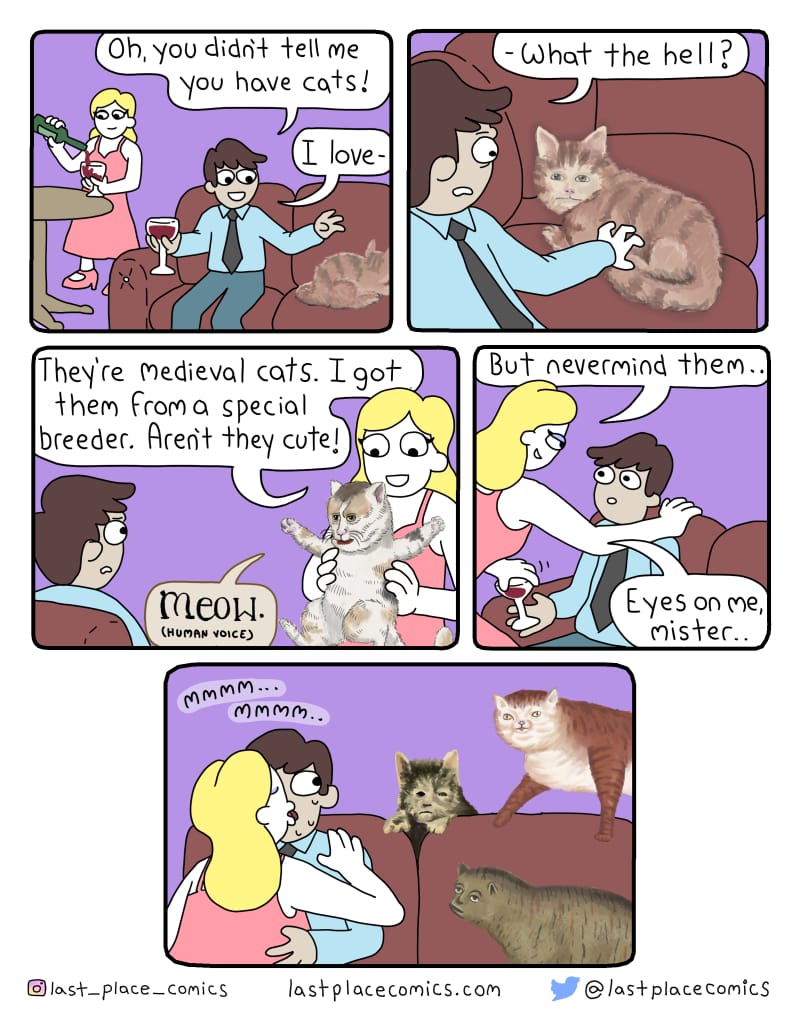 comic, webcomic, last place comics, funny, humor. humour, medieval cats, drawing, parody, badly drawn cats,