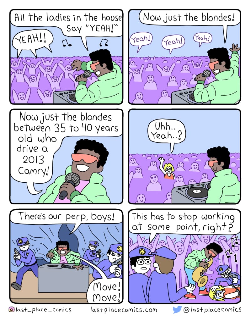 comic, webcomic, last place comics, rap, undercover, sting, all the blondes, police, DJ